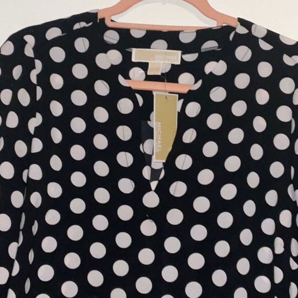 MICHAEL KORS LARGE POLKA DOTS BLACK WHITE TIE 3/4 SLEEVE SIZE L NWT